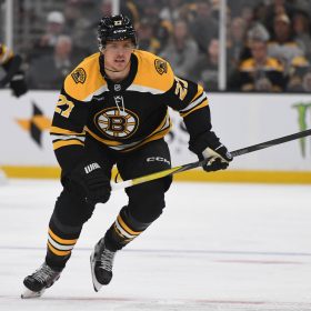 BOSTON, MASSACHUSETTS - OCTOBER 10: Hampus Lindholm #27 of the Boston Bruins skates against the Montreal Canadiens on October 10, 2024, at the TD Garden in Boston, Massachusetts. (Photo by Steve Babineau/NHLI via Getty Images)